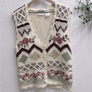 Vintage Floral Vest Cardigan Sweater Knit Roses 90s Grannycore M